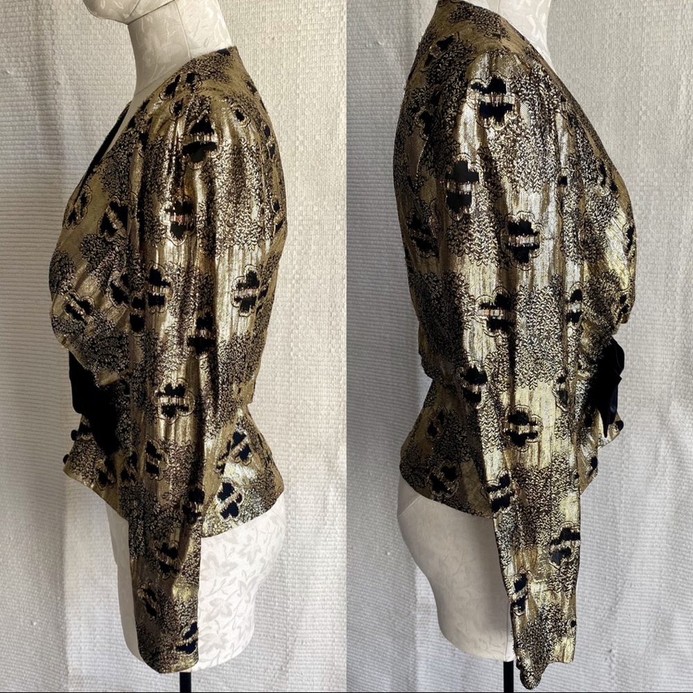 Vintage 60s 70s Metallic Top S Disco Party Blouse Black Gold Print - Picture 4 of 8